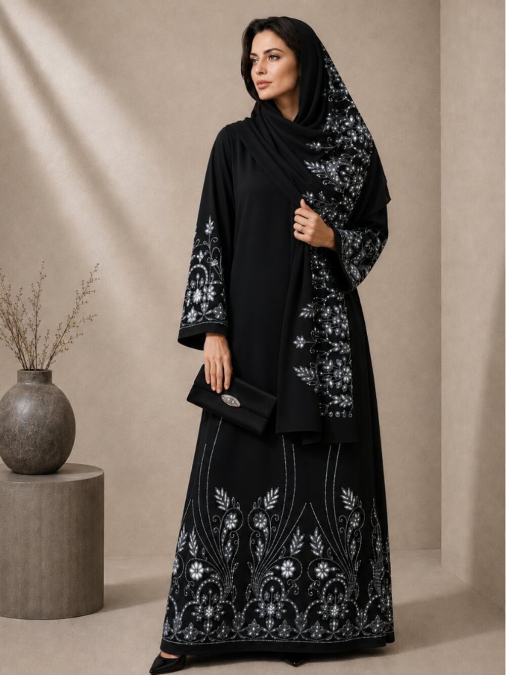 Sequin Embroidered Abaya Set and Matching Hijab Shawl Wrap and BONUS GIFT clutch